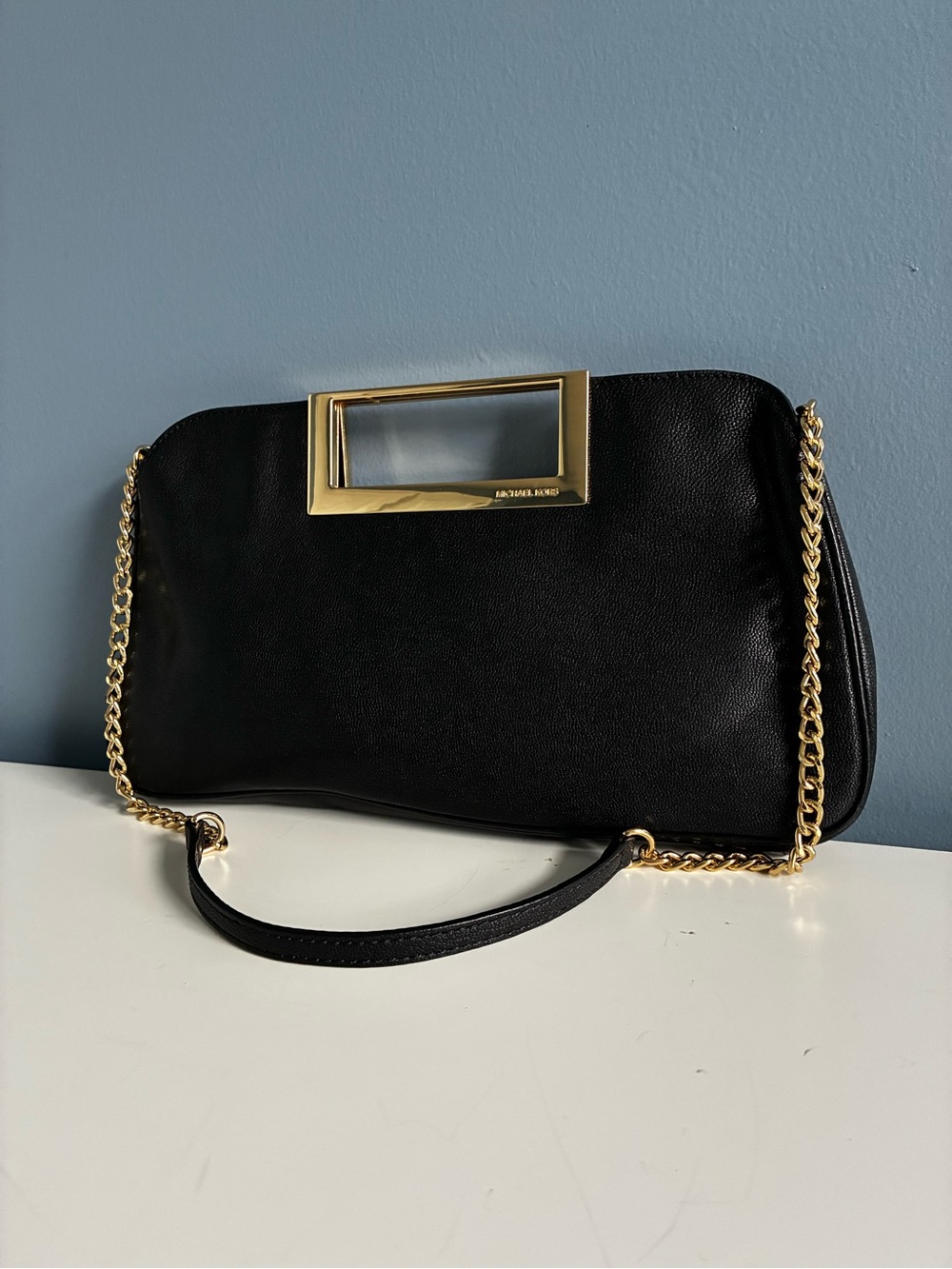 Michael Kors Black Leather Shoulder Bag with Gold Chain and Frame Handle